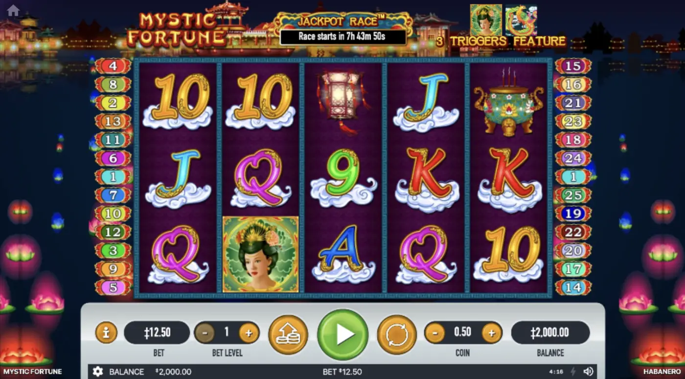 Mystic Fortune 2014 slot reels showing the 5x3 grid with payline numbers 1 to 25 printed down both sides